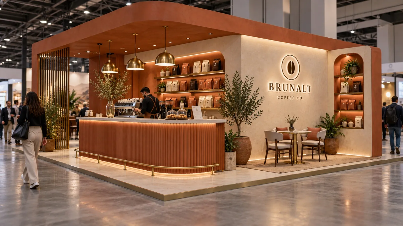Concept pour une marque fictive, non réalisé : stand d’angle de 6 × 3 m pour Brunalt Coffee Co., avec un bar à café courbe couleur terre cuite, des suspensions en laiton, des étagères de sachets de café et un petit coin salon